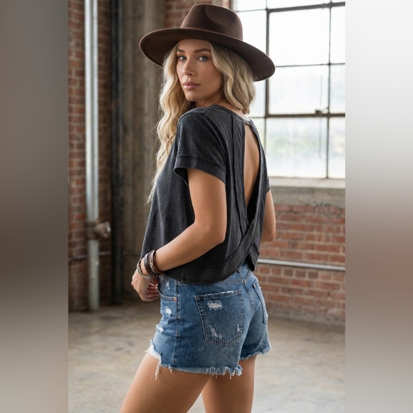 NWT Washed Black Cotton Open Back Cropped Tee T-Shirt Crop Top - Picture 10 of 10